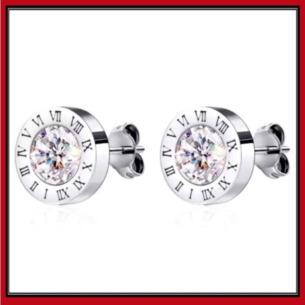 New steel silver simulated diamond Roman numeral clock punk stud unisex earrings